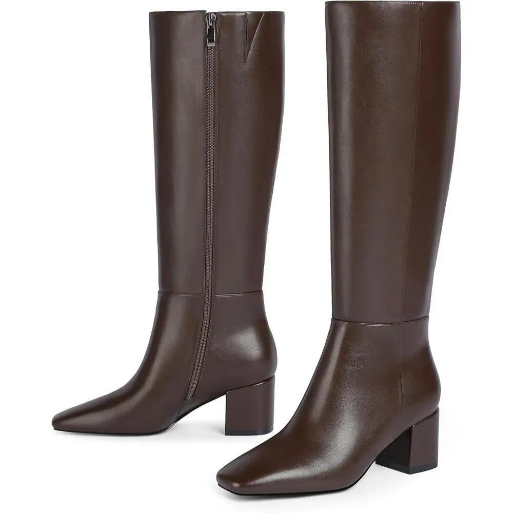 Women's Chocolate Knee High Boots Square Toe Tall Chunky Heel Rubber